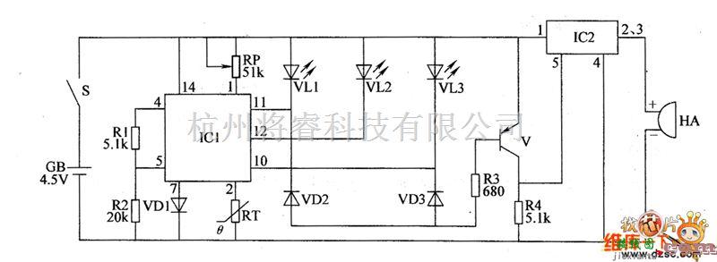 温度/湿度控制[农业]中的温度监测报警器电路图  第1张