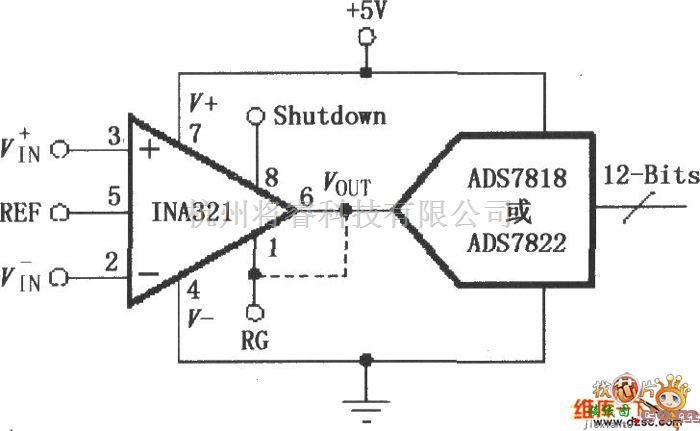 线性放大电路中的INA321／322构成的直接驱动电容性输入的A／D变换器电路图  第1张