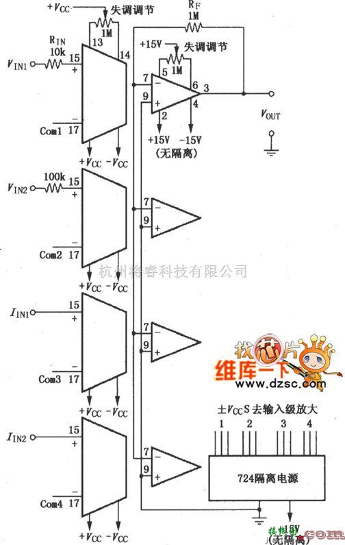 线性放大电路中的4片ISO100构成的四通道隔离加法放大原理设计电路图  第1张