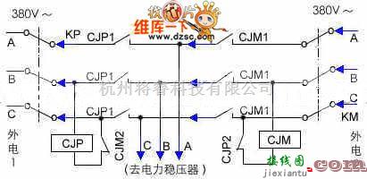 稳压电源中的两路市电自动转换供电装置电路图  第1张