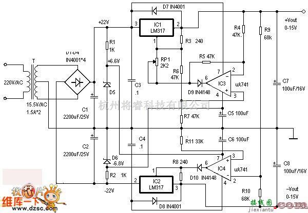 稳压电源中的跟踪式 0 ～ ±15V 稳压电路图  第1张