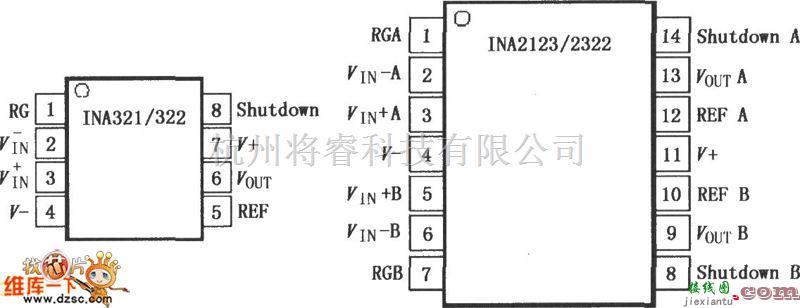 线性放大电路中的INA321／322微功率CMOS仪表放大器引脚电路图  第1张