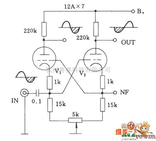 综合电路中的电子管差分式共栅倒相电路图  第1张