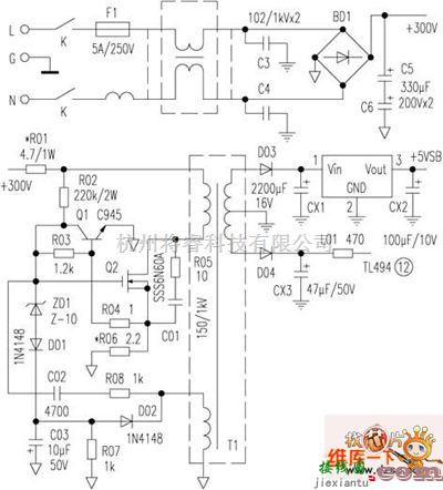 稳压电源中的ATX开关电源辅助电源的维修电路图  第1张