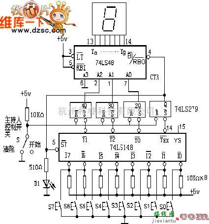 电源电路中的数字抢答器单元电路设计图  第1张