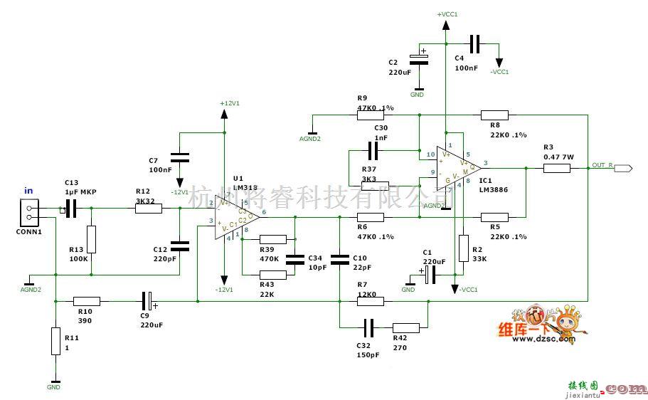 电子管功放中的AUDIO出的LM3886功放电路图  第1张