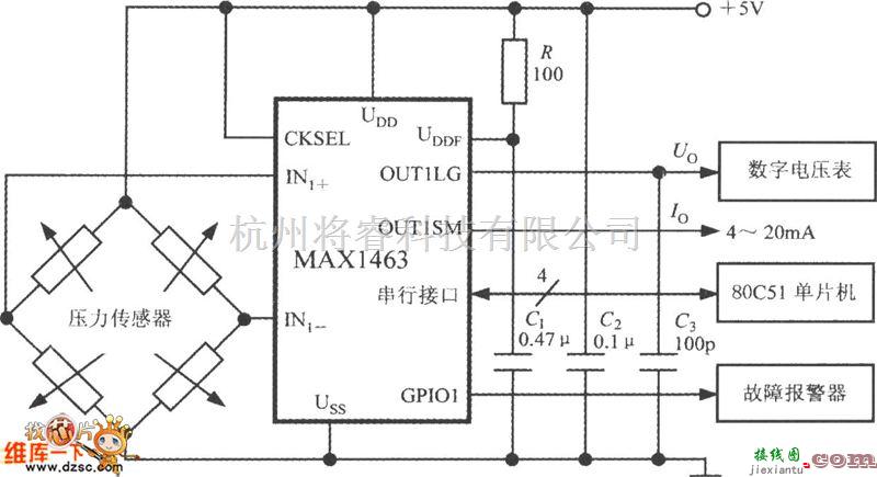 传感信号处理中的双通道智能化传感器信号处理器MAX1463构成的高精度压力检测系统的电路框图电路图  第1张