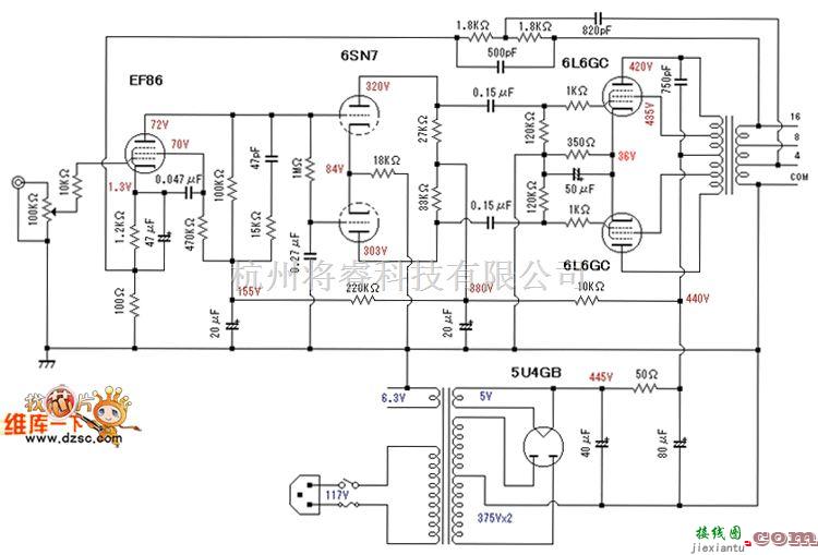 综合电路中的EF86+6SN7+6L6推挽电路图  第1张