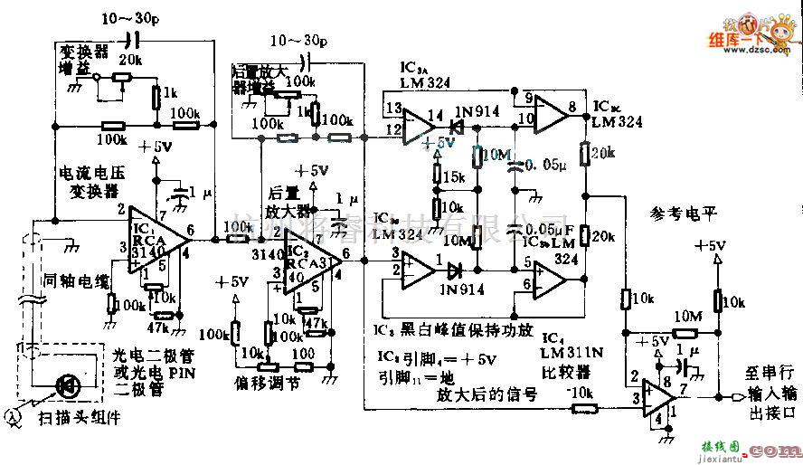 光敏二极管、三极管电路中的条形码扫描器的光电二极管信号调节电路图  第1张