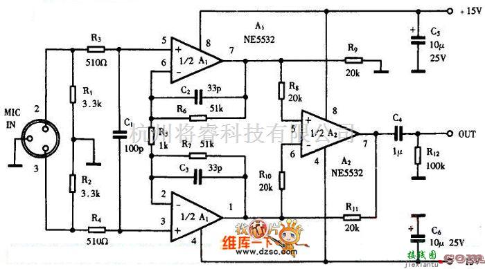 宽带放大器电路中的巧用NE5532作平衡输入话筒放大器电路图  第1张