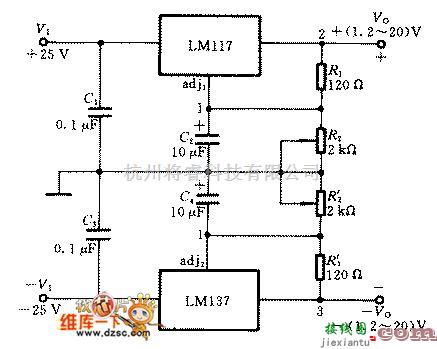 稳压电源中的三端双电源可调稳压电源电路图  第2张