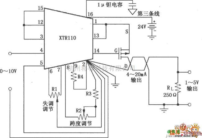 电流环放大电路中的XTR110失调与跨度调节电路图  第1张