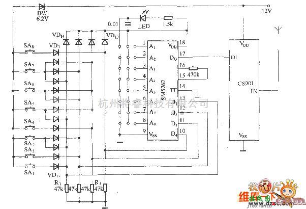 遥控发射中的八路遥控发射器(CS901)电路图  第1张