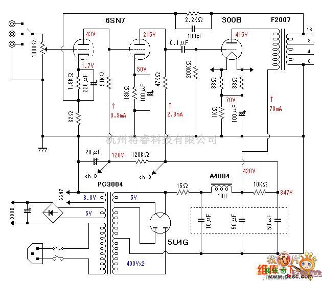 综合电路中的6SN7+300B单端电路图  第1张