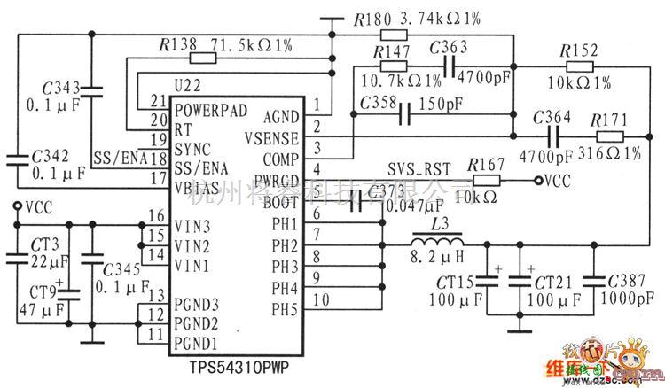 综合电路中的TPS54310P外围I/O电压(3.3V)电路图  第1张