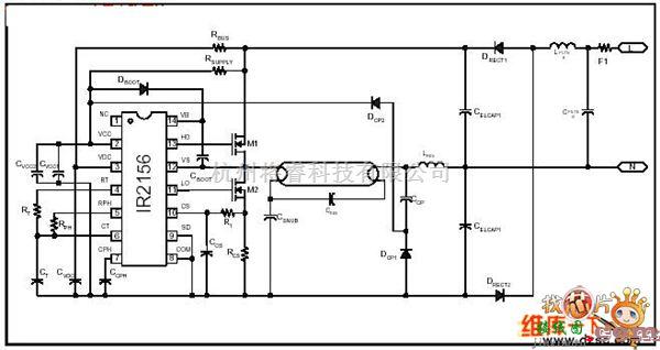 电子镇流器中的IR2156萤光灯集成电路电子镇流电路图  第1张
