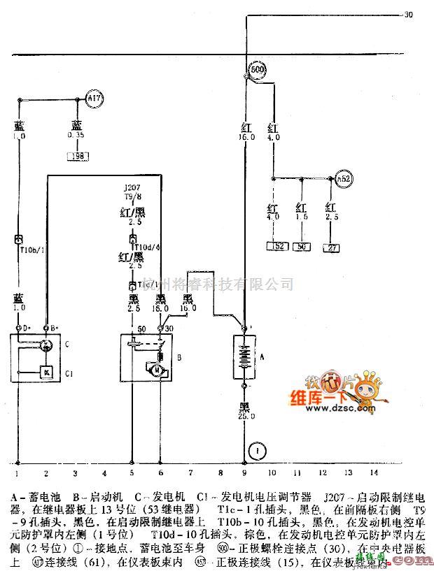 大众（上汽）中的帕萨特2.81V蓄电池、启动机、发动机电路图  第1张