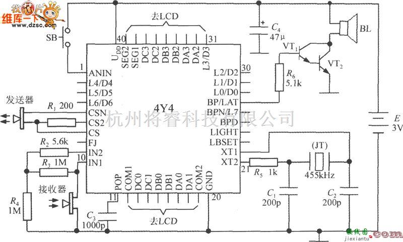 仪器仪表中的由智能化超声波测距集成电路 4Y4 构成单片液晶显示测距仪电路图  第1张