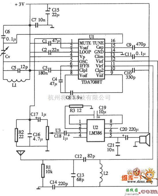无线接收中的采用TDA7088T单片收音机电路图  第1张