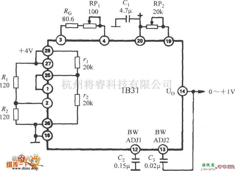 宽带放大器电路中的使用宽带应变信号调理器1B31内部半桥网络的应变仪电路图  第1张