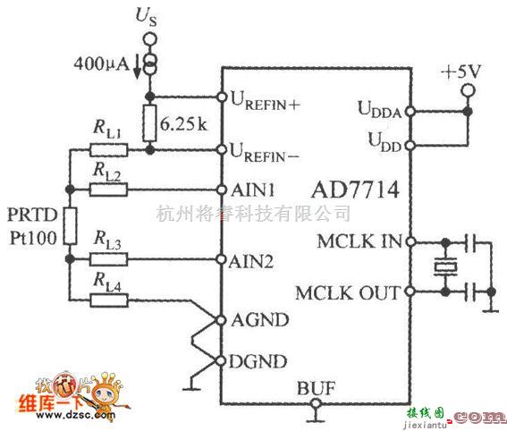 专用测量/显示电路中的AD7714与Pt100构成的测温电路图  第1张