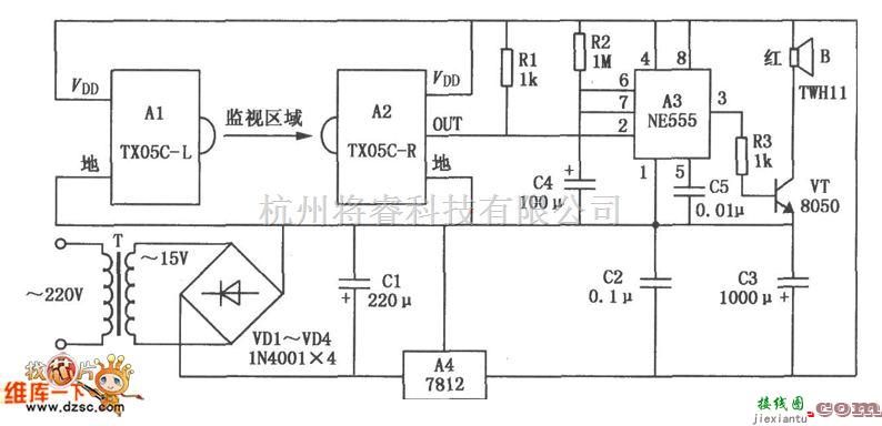 报警控制中的TX05C-R构成的红外监视报警器电路图  第1张