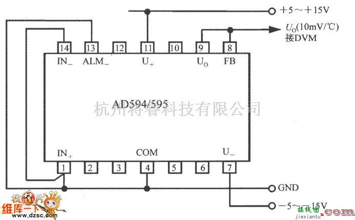 专用测量/显示电路中的AD594构成摄氏温度计电路图  第1张