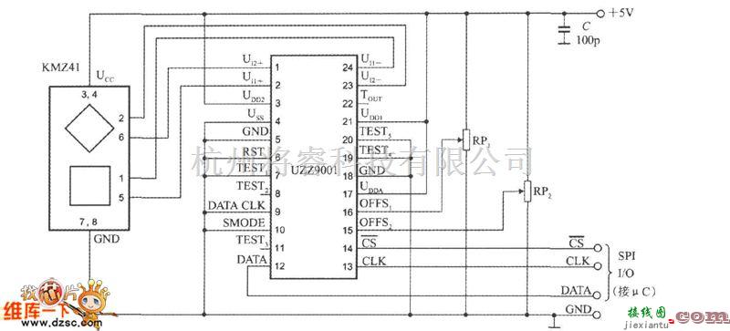 传感信号处理中的数字输出式角度传感器信号调理器UZZ9001的典型应用电路图  第1张