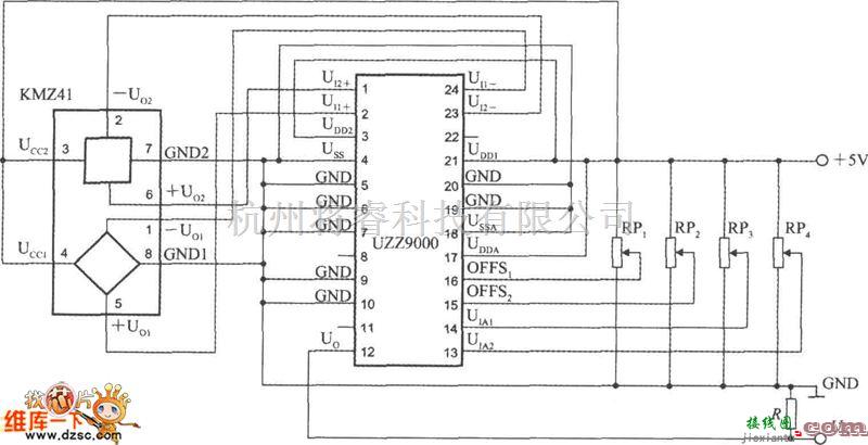 传感信号处理中的角度传感器信号调理器UZZ9000和磁阻式传感器KMZ41构成的电压输出式角度检测电路图  第1张