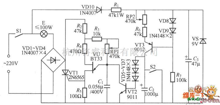 灯光控制中的调光定时两用台灯电路图  第1张