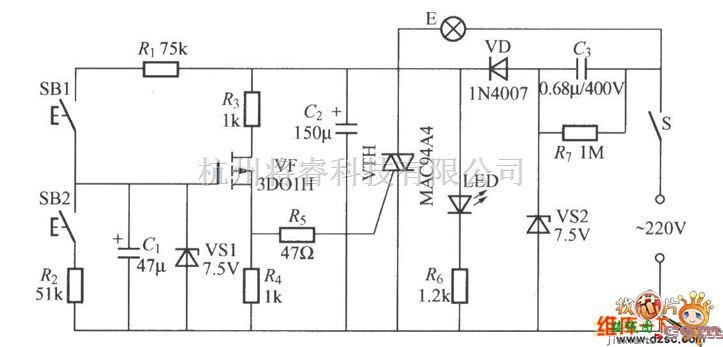 灯光控制中的双按键场效应管调光灯电路图  第1张