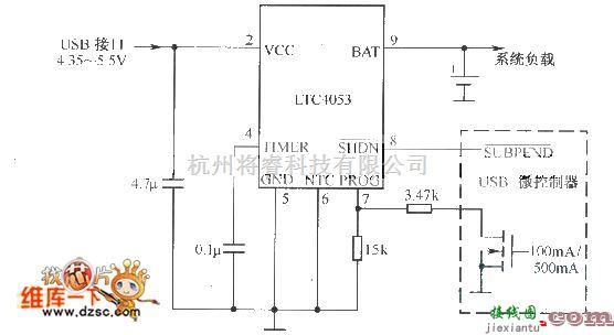 充电电路中的典型LTC4053 USB接口锂离子电池充电器电路图  第1张