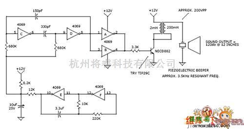 报警控制中的120db扫频式警声电路图  第1张