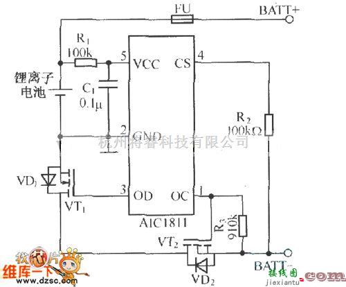 充电电路中的AICl811组成的单节锂离子电池保护电路图  第1张