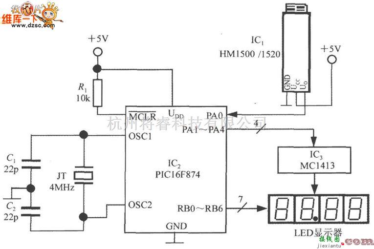 传感器单片系统应用方案中的由HM1500／1520型湿度传感器和单片机构成的智能湿度测量仪电路图  第1张