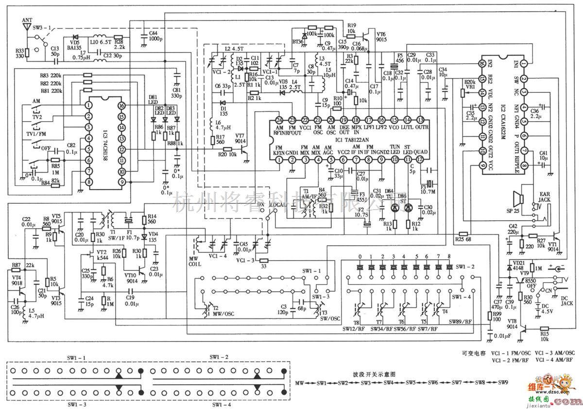 无线接收中的德生119700型调频、电视伴音、中波、短波高灵敏度l2波段立体声收音机电路图  第1张