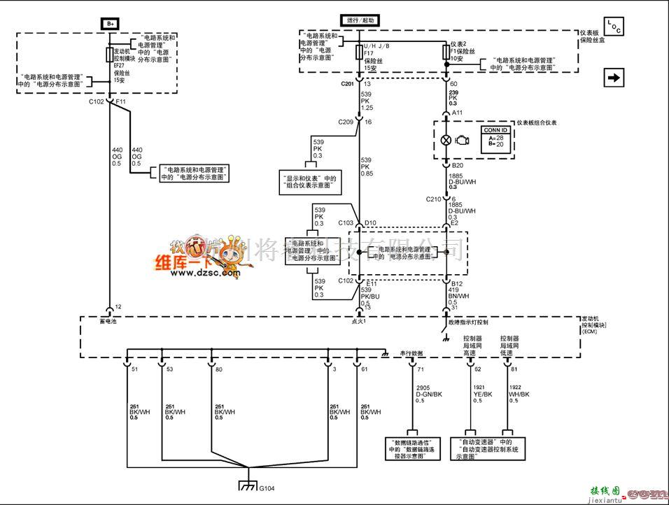 雪佛兰中的景程发动机模块电源接地、串行数据、故障批示灯电路图  第1张