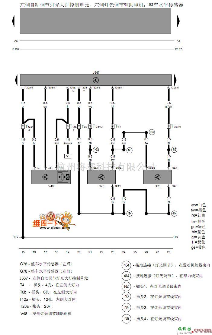 大众（一汽）中的宝来左侧大灯调节控制单元、调节电机、整车水平传感器电路图  第1张