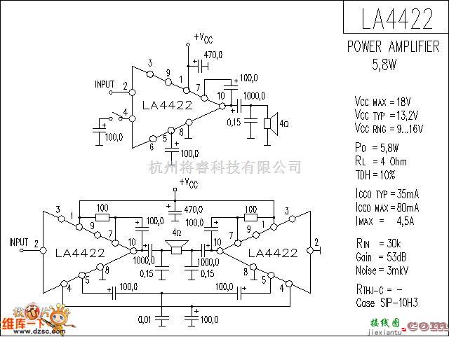 音频电路中的LA4422 音响IC电路图  第1张