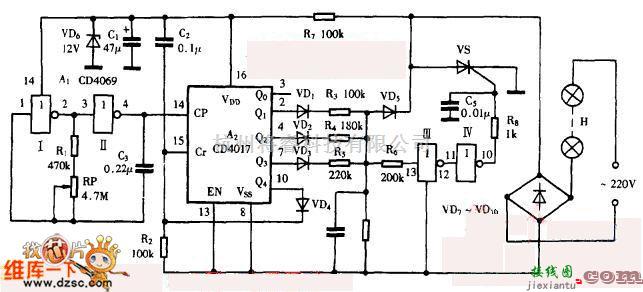 灯光控制中的巧用CD4017作新颖彩灯闪烁控制器电路图  第1张