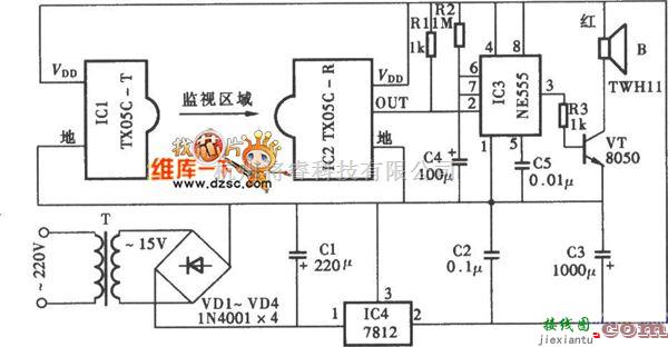 红外线热释遥控中的工厂和家用的门窗红外监视防盗报警器电路图  第1张