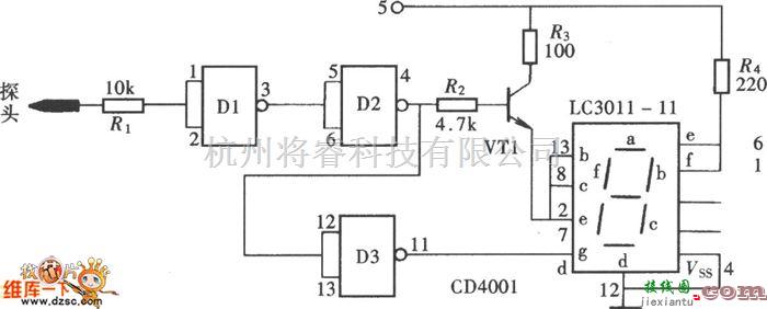 数字电路中的用门电路组成的文字显示型逻辑笔之四(CD4001)电路图  第1张