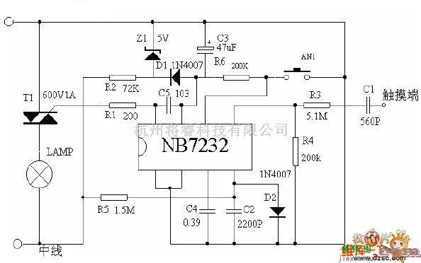 电源电路中的NB7232无级触摸调光电路图  第1张