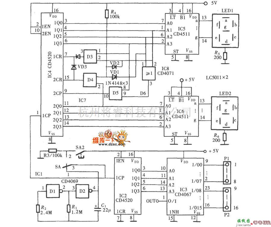 仪器仪表中的关于数显式自动巡检电路图(CD4520、CD4511、CD4067)  第1张