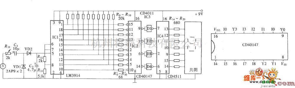 仪器仪表中的超级数字式电平显示器(CD40147、CD4511)电路图  第1张