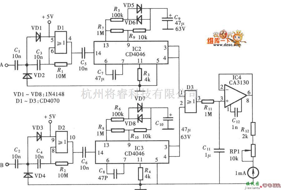 仪器仪表中的采用CD4046组成的相位检测仪电路图  第1张