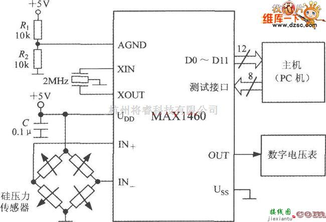 传感器单片系统应用方案中的MAX1460和硅压力传感器构成的压力检测系统电路图  第1张