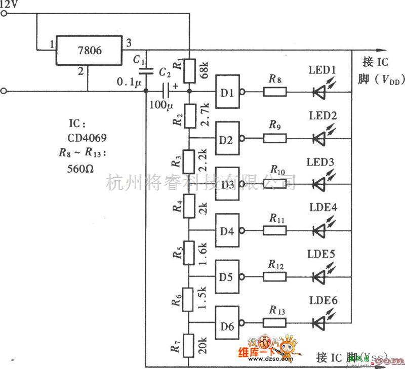 仪器仪表中的结构简单的LED电压表电路图  第1张