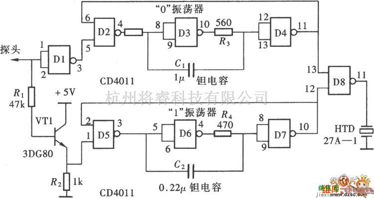 数字电路中的用门电路组成的发声型逻辑笔(CD4011)电路图  第1张