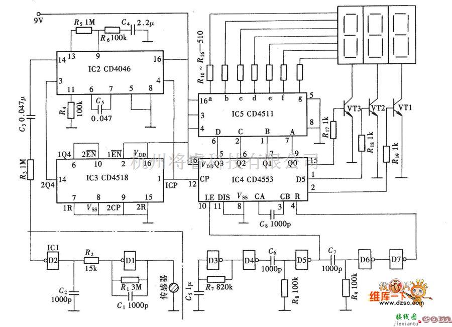 仪器仪表中的测量仪器快速心率测量计(CD4518、CD4046、CD4511)电路图  第1张